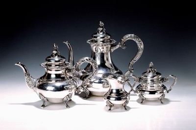 Image Silver coffee and tea set, German, 925 silver,coffee pot, teapot, sugar bowl and milk jug, rocaille decoration, standing on four feet, approx. 2070 g