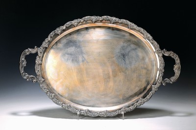 Image Large tray, German, around 1900, sterling silver, all-round rocaille decoration, double handle, approx. 1430 g, slight traces of use approx. 58.5 x 37 cm