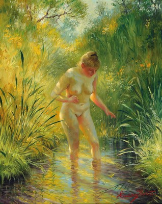 Image Horst Einöder, born in Munich in 1951, standing female nude in a sun-drenched stream landscape, signed lower right, oil/masonite, 30x24 cm, frame 39x33 cm