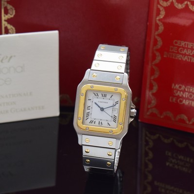 Image CARTIER Santos gents wristwatch, self winding, stainless steel/gold combined including bracelet with deployant clasp, monocoque-case, bezel 8-times screwed down, white dial with Roman numerals, blued steel hands, date, calibre ETA 2671, measures approx. 41 x 29 mm,length approx. 19 cm, original box and papers, sold in August 1991, condition 2, property of a collector