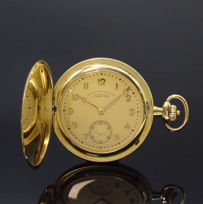Image DEUTSCHE UHRENFABRIKATION GLASHÜTTE A. Lange & Söhne 14k yellow gold hunting cased pocket watch, Germany around 1925, movement- and case-no. 98805, smooth 3-cover gold case, hunter cover with monogram HK, hunter cover spring has to be renewed, gold-plated metal dial with applied Arabic hours, gold-plated 3/4 plate movement, 15 jewels, frosted gilt, compensation-balance, Breguet balance-spring, swan´s neck regulateur has to be replaced, diameter approx. 51 mm, total weight approx. 86g, condition 3