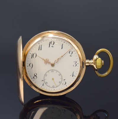 Image 14k pink gold hunting cased pocket watch, Switzerland around 1910, engine-turned 2-cover gold case dent, hunter cover with monogram, enamel dial with Arabic numerals, implied 3/4 plate movement gold-plated, compensation- balance, Breguet-hairspring, diameter approx. 51 mm, weight, approx. 94g, condition 2-3, property of a collector
