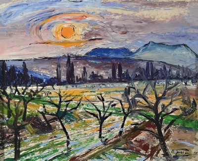 Image Hermann Jürgens, 1914 Heidelberg-1967 Godramstein, evening sun over the Haardt, oil/painting board, signed lower right, approx. 46x56cm,frame approx. 50x60cm