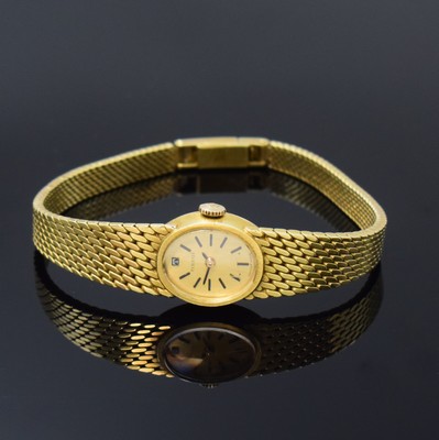 Image TISSOT 14k yellow gold ladies wristwatch, Switzerland around 1965, manual winding, snap on case back, gold coloured dial with applied hour-indices, blackened hands, copper coloured lever movement calibre 530, 17 jewels, diameter approx. 16 mm, length approx. 18 cm, weight approx. 31g, needs to be overhauled, condition 2-3