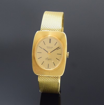 Image SARCAR 18k yellow gold wristwatch, Switzerland around 1965, manual winding, snap on case back, gold coloured dial with applied hour-indices, blackened hands, calibre Peseux 7040, 17 jewels, measures approx. 37 x 30 mm, length approx. 19,5 cm, weight approx. 70g, signs of use, condition 2-3