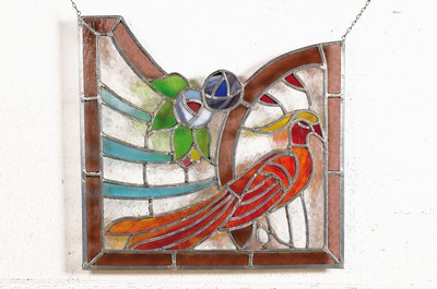 Image pair of lead glazings, probably Belgium, 1920/1930s, pheasant motifs, colorful glass inserts, traces of age, approx. 44x45cm