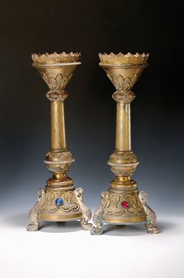 Image pair of large church candlesticks, around 1900, brass, opulently decorated Historicism décor, fitted colorful Glass cabochons, thornsmissing, H. approx. 60 cm, traces of age