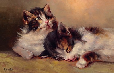 Image E. Liedtke, painter around 1900, two cats, oil/wood, signed, approx. 20 x 30 cm, frame approx. 40 x 50 cm